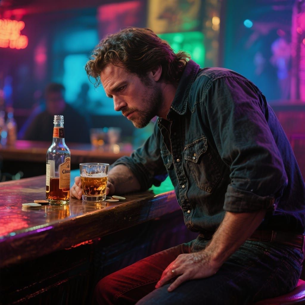 Man Drinking at Bar, Hyperrealistic Style