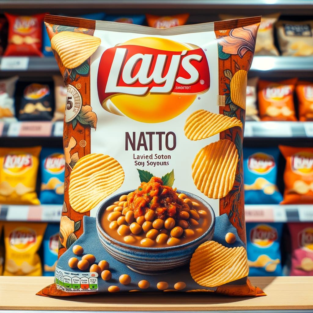 Vibrant Natto Flavored Lays Chips Bag in Japanese Snack Aisl...