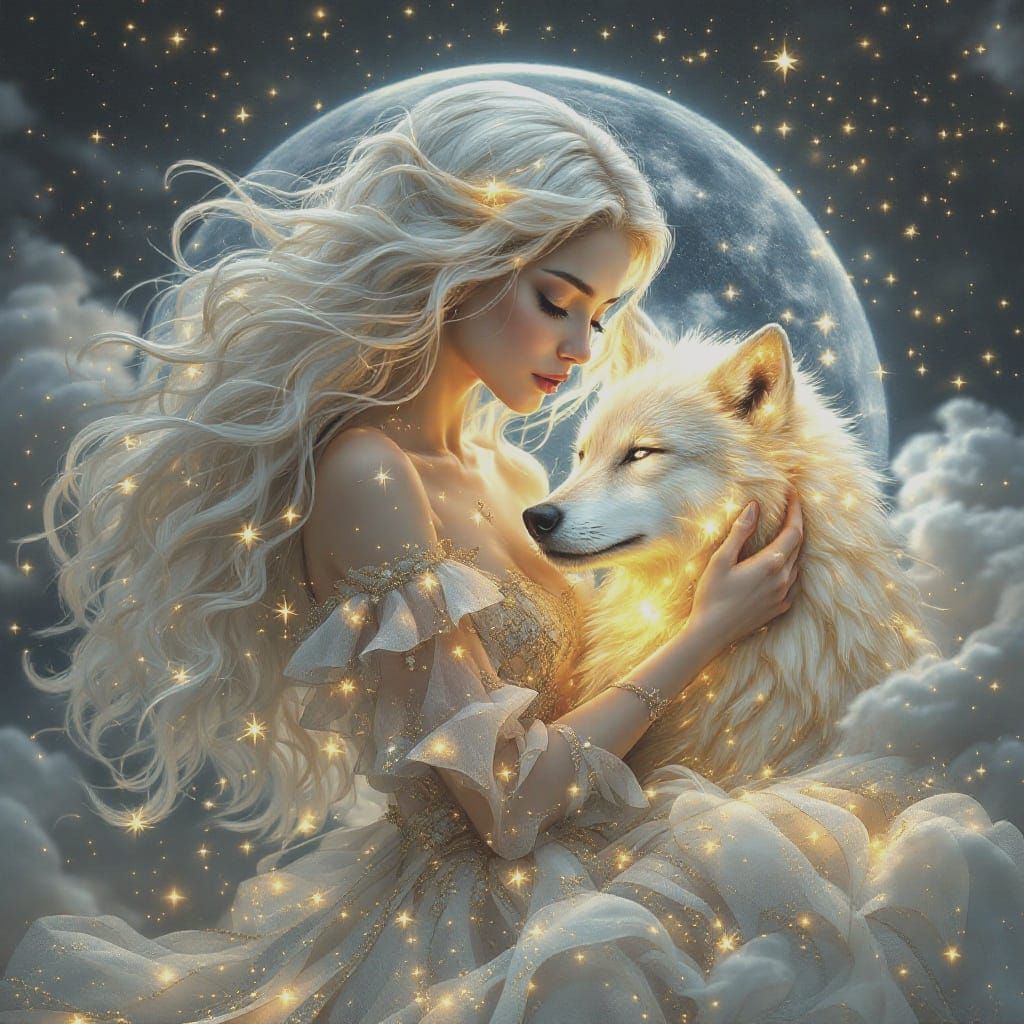 Hyperrealistic Pop Digital Art of Fairy Woman and Wolf in Et...