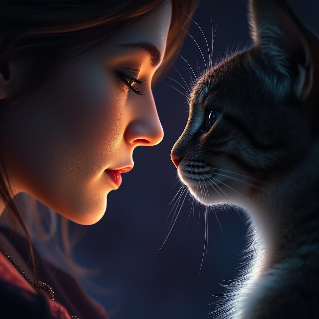 Serene Encounter: Woman and Cat Share a Mystical Gaze