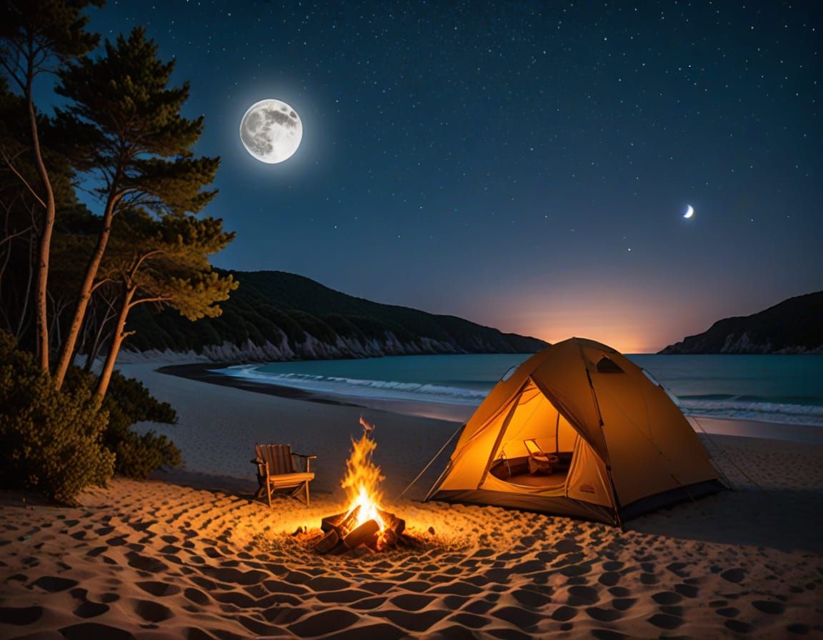 Moonlit Beachside Camping Scene