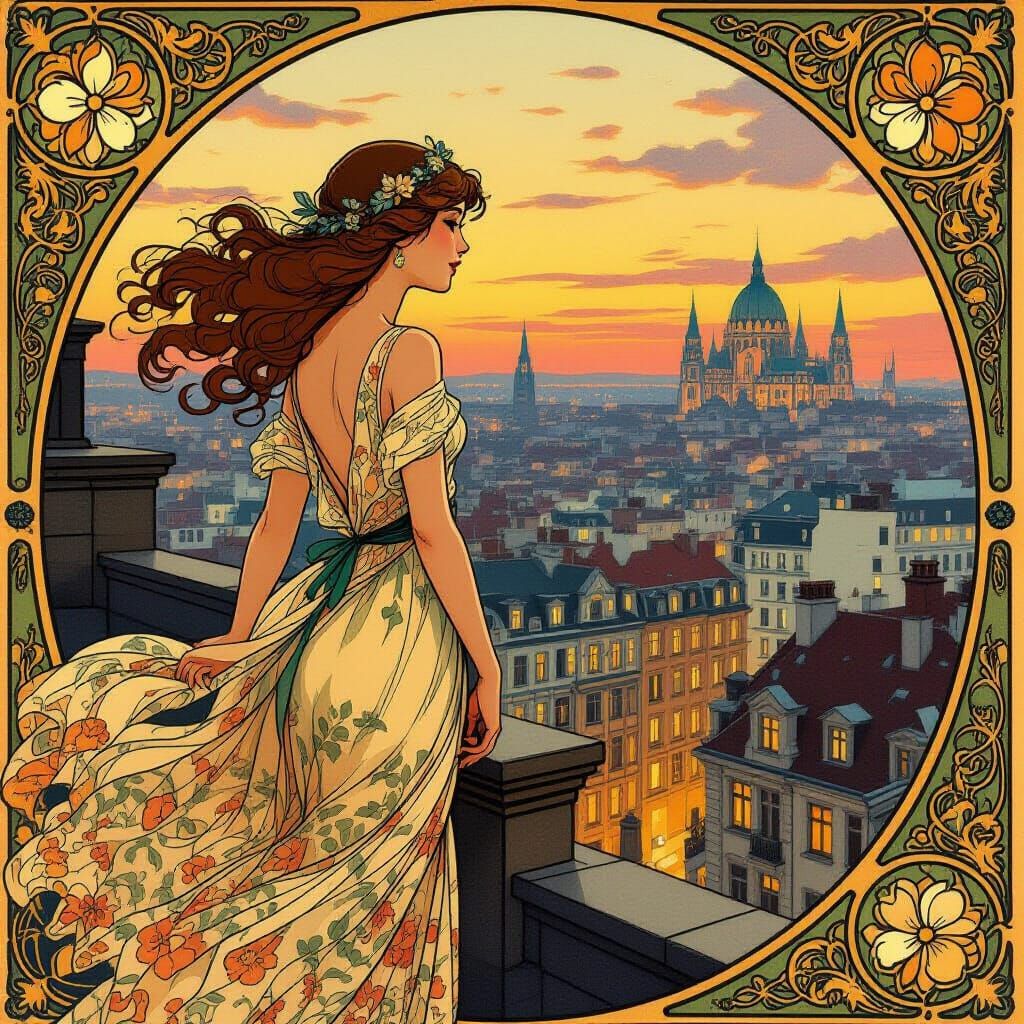 Art Nouveau Cityscape with Woman at Dusk