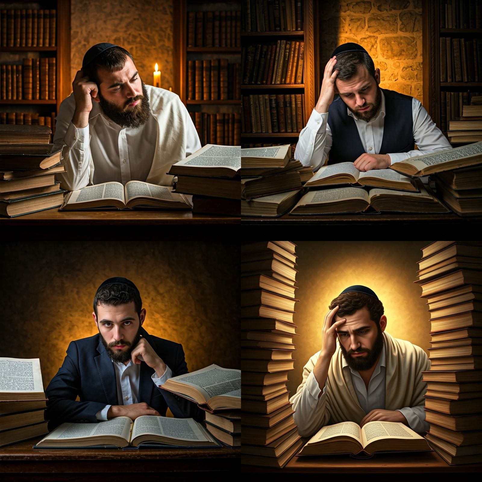 Contemplative Torah Scholar in Old Study Hall