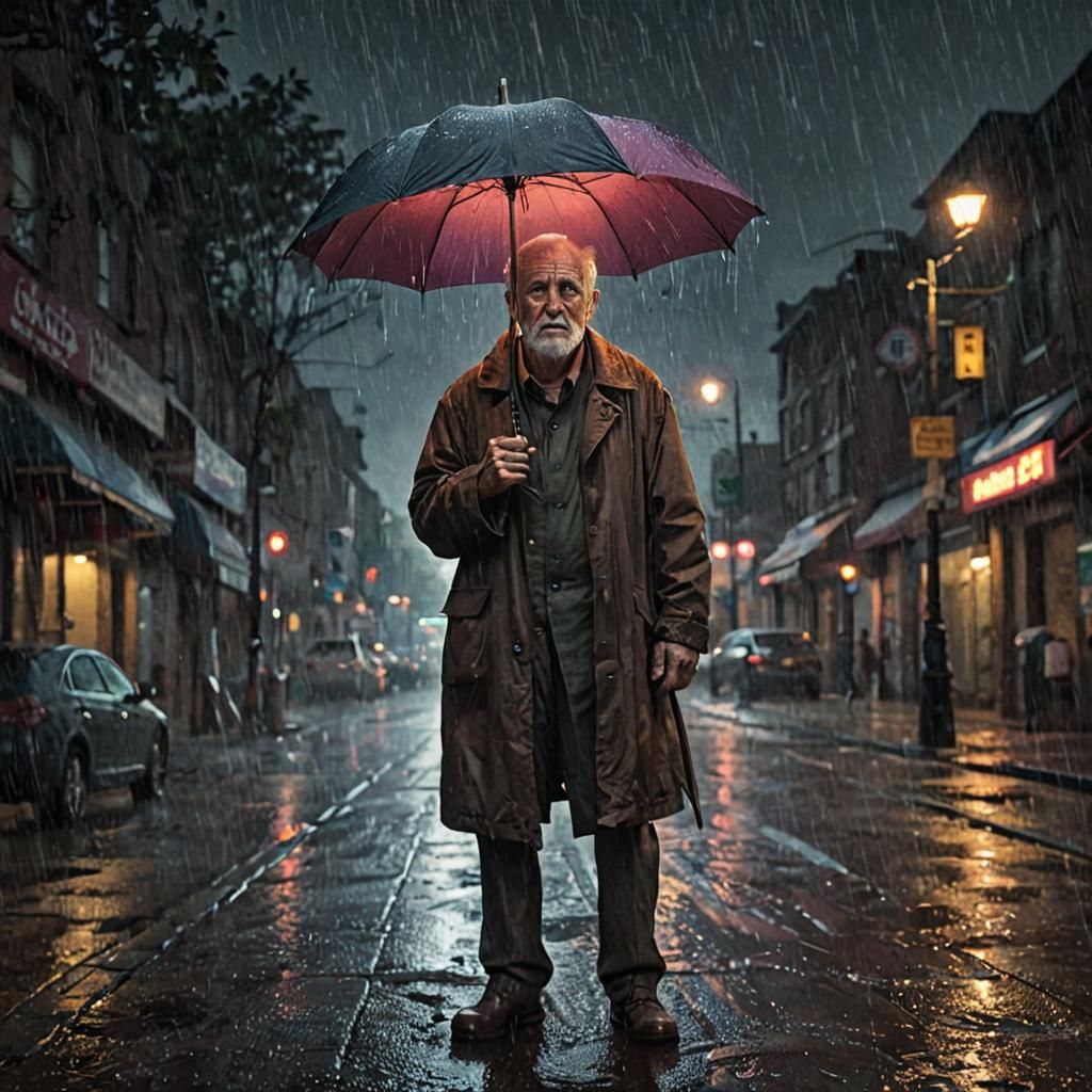 Old Man in Rainstorm: Vibrant Umbrella Illustration