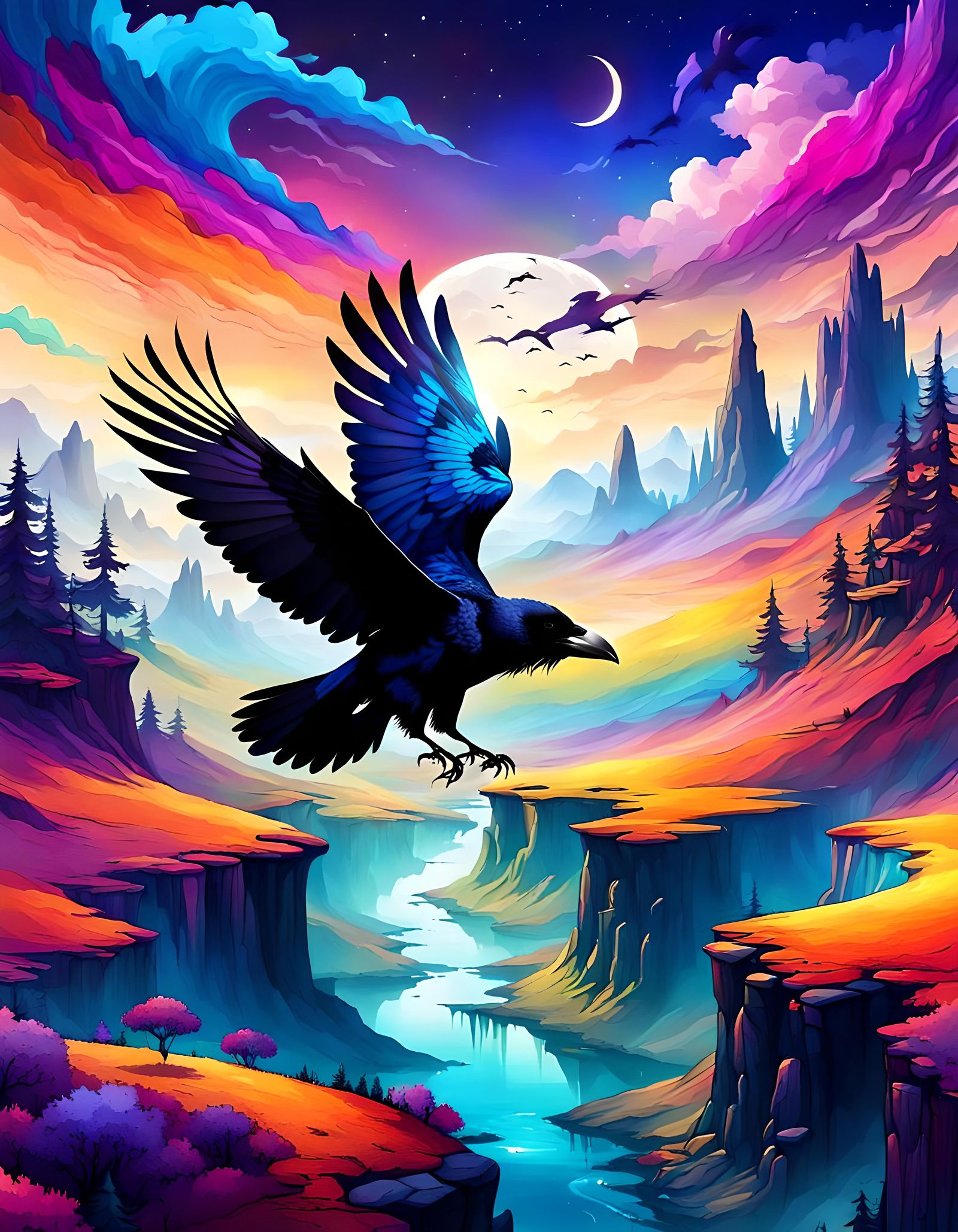 Raven Flies Over Colorful Fantasy Landscape