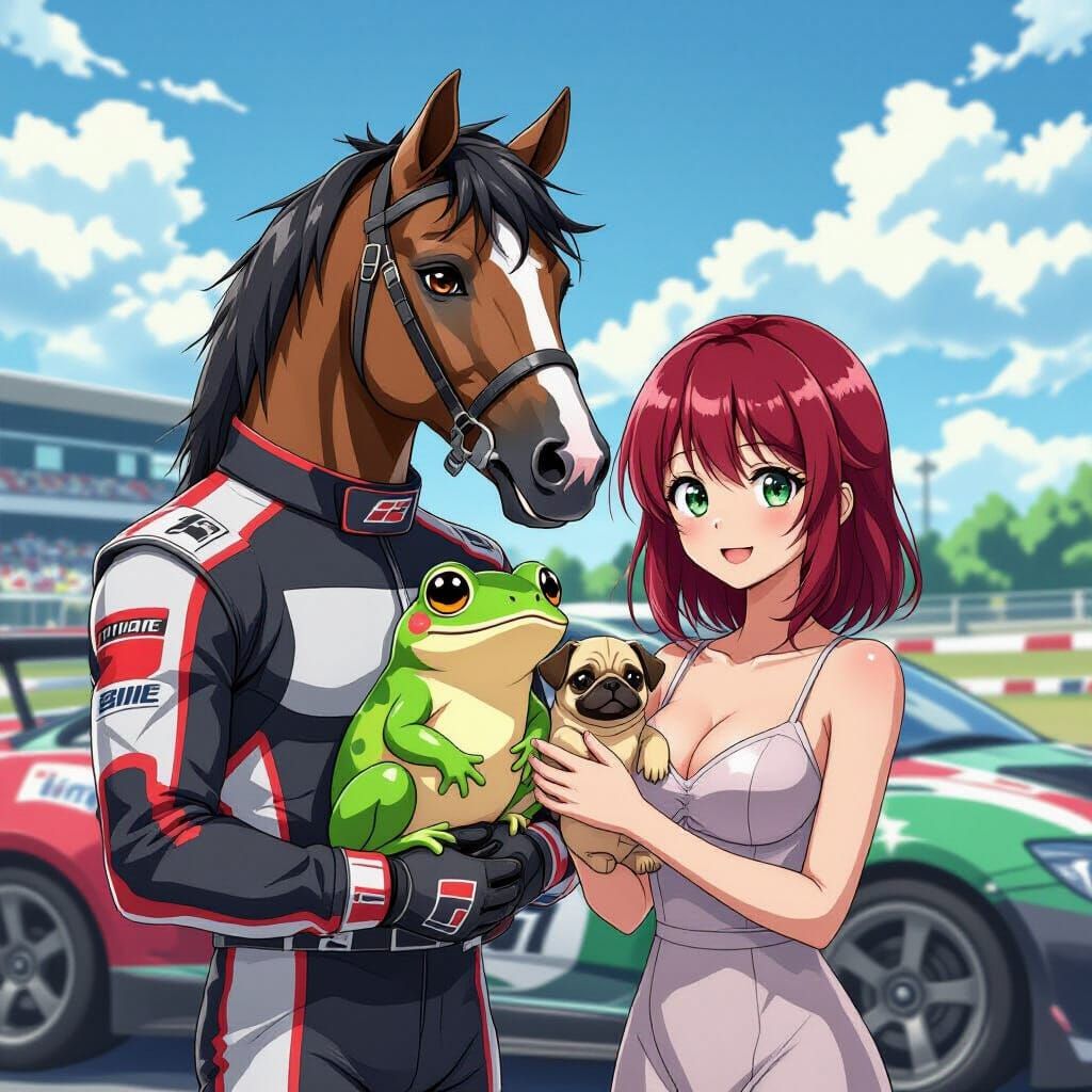 Anime Centaur Woman Car and Pets in Cel-Shaded Style