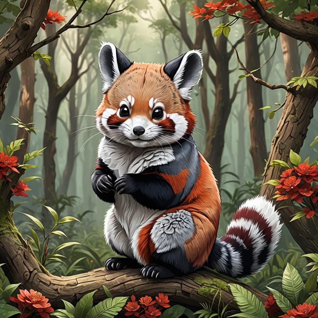 Red Panda Colored Chinchilla in Forest Illustration