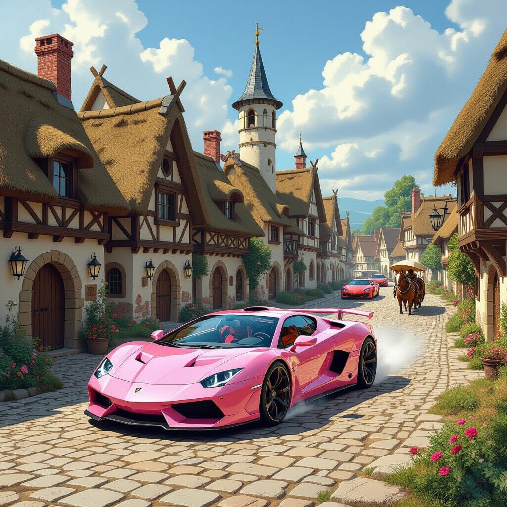 Pink Supercar in Medieval Village, Surreal Dreamscape