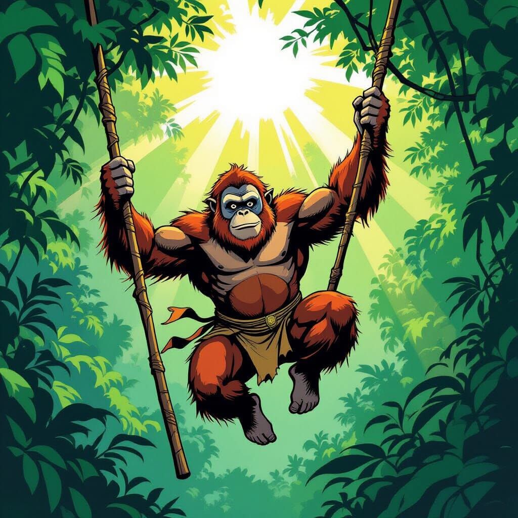 Orangutanman Superhero Swings Through Lush Jungle Canopy