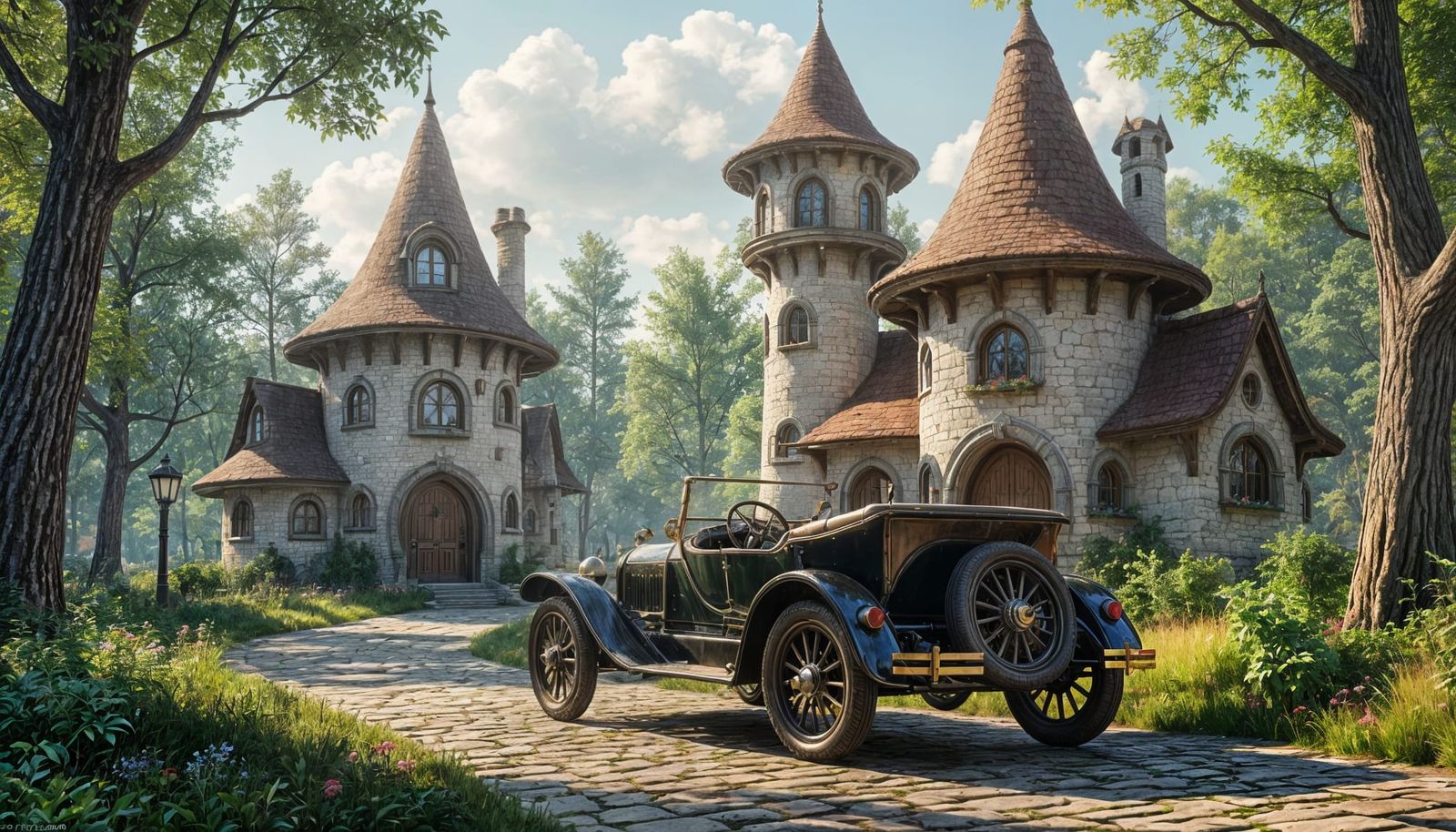 1915 Antique Car Amidst Whimsical Elven Cottages