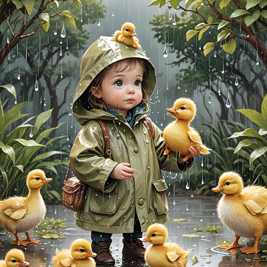 Whimsical Duckling in Rain with Girl Storybook Art