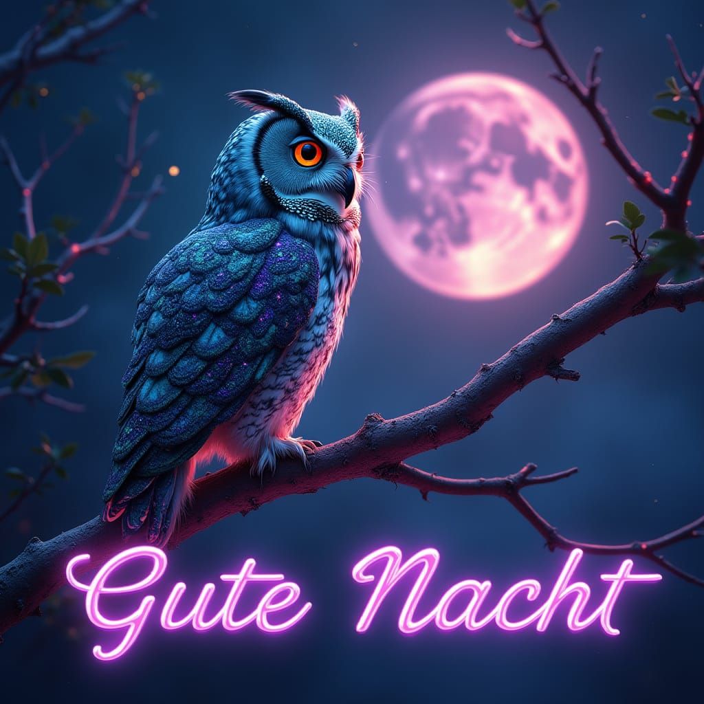 Ethereal Owl in Neon Dreamscape with Iridescent Plumage and ...