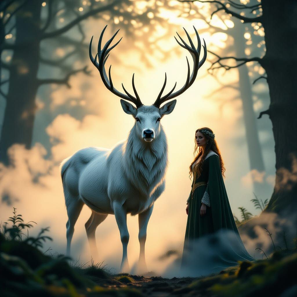 White Stag and Forest Lady in Oil Painting