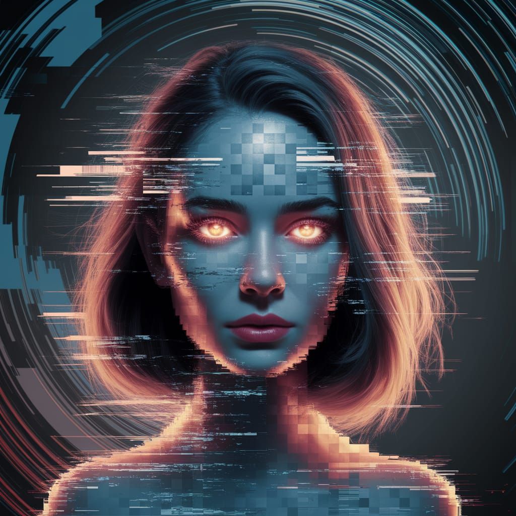 Ethereal Female Portrait in Glitching Digital Art
