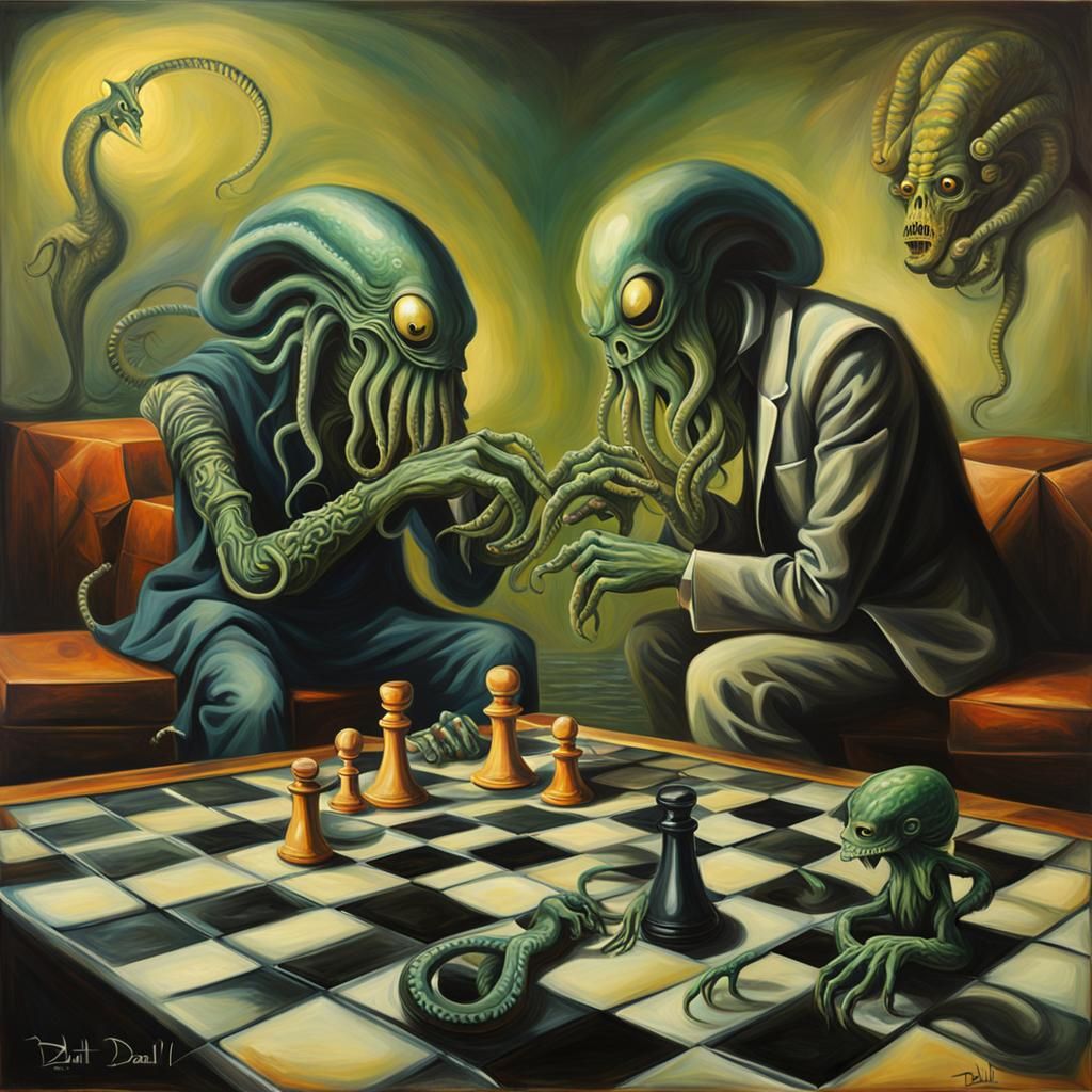 Cthulhu and Xenomorph Play Checkers in Surreal Oil Painting