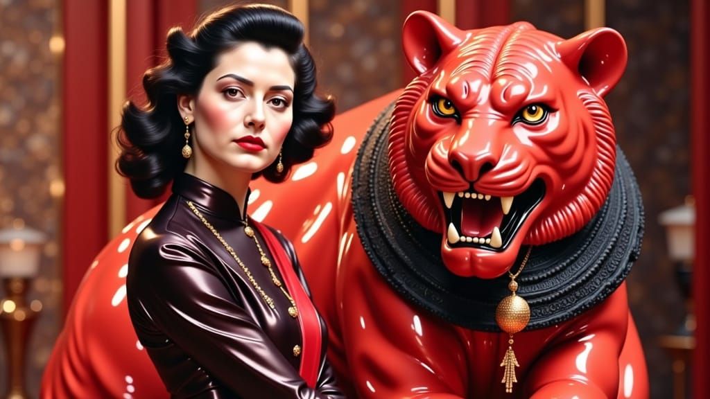 Portrait of a French Woman in a Cheongsam with a Tiger Sculp...