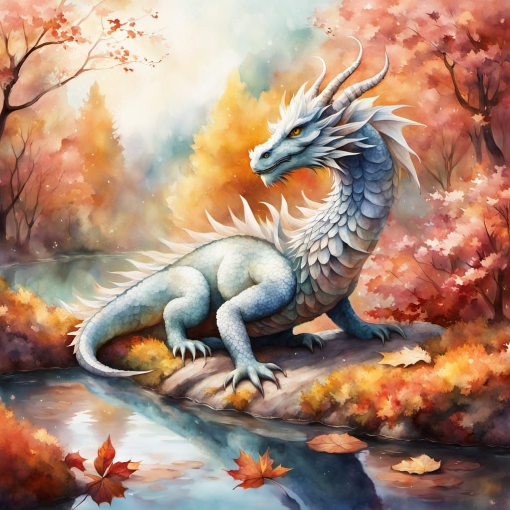 Dragon in Autumn Pond: Whimsical Watercolor Fantasy Art