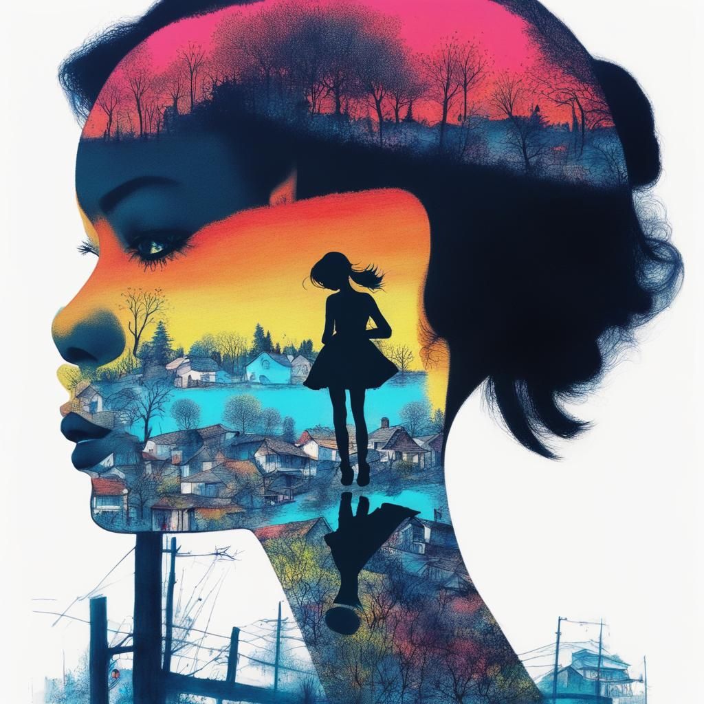 Girl Silhouette Merged with Spring Village Panorama