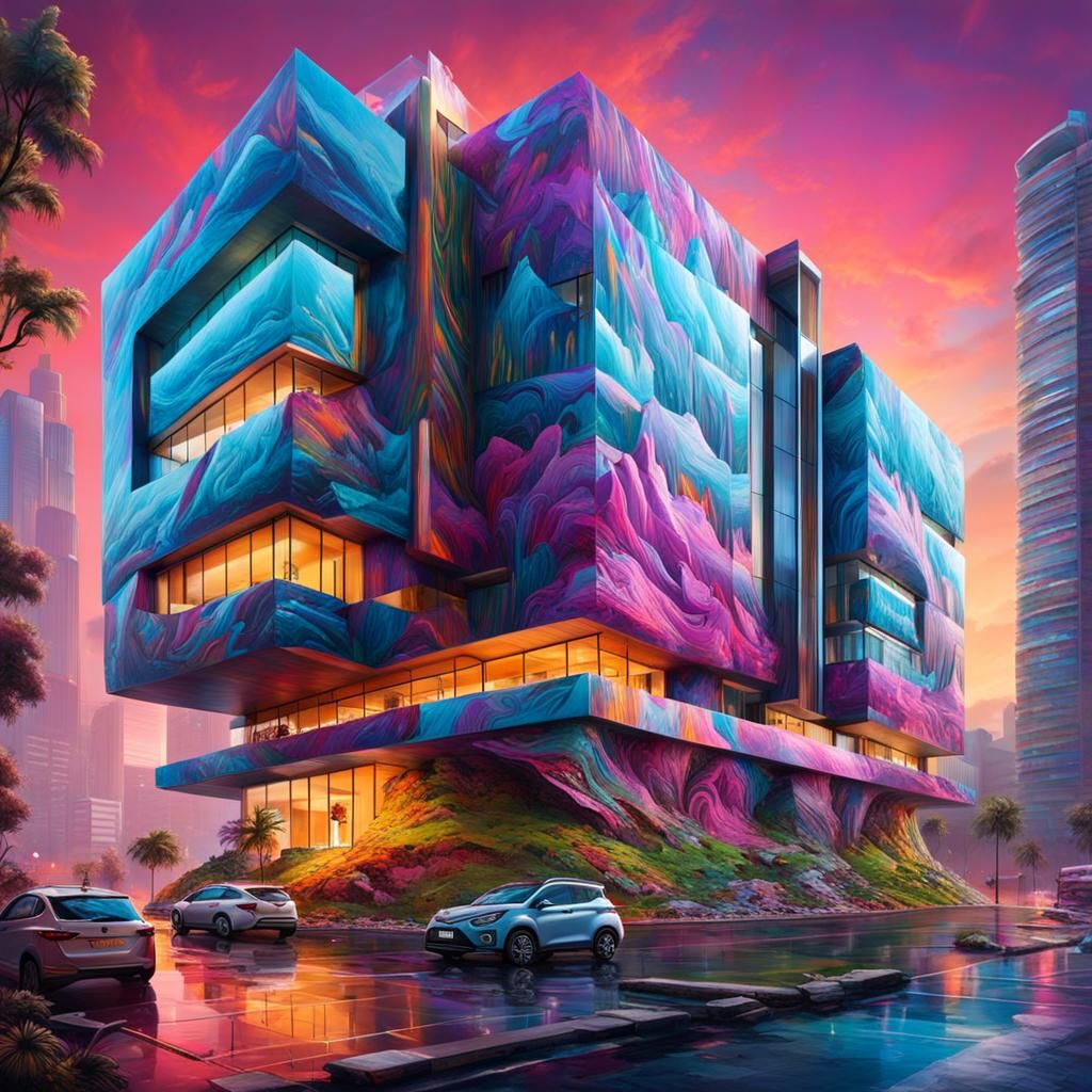 Futuristic Himalayan Office Building: Graffiti Art Style