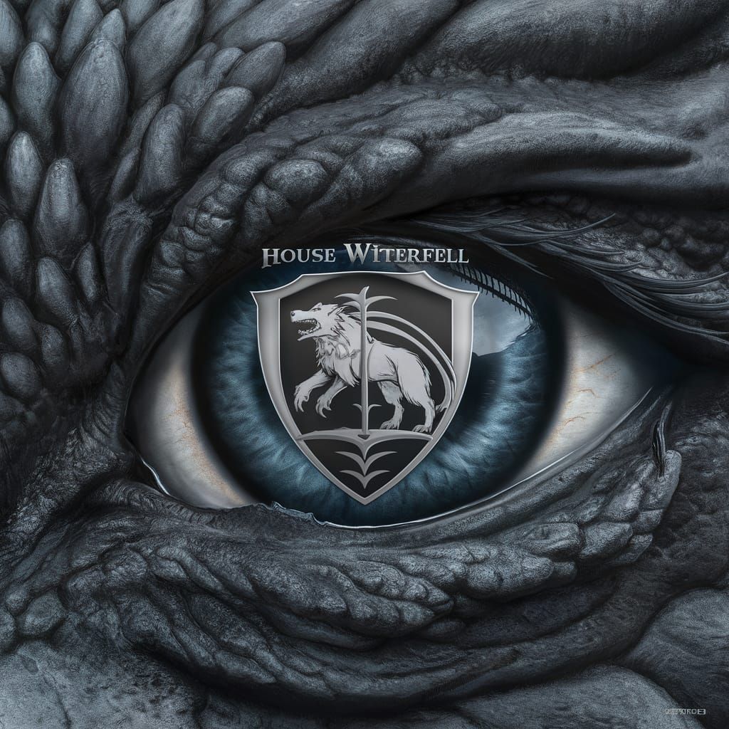 Macro close up of a dragon eye with witerfell reflected in i...