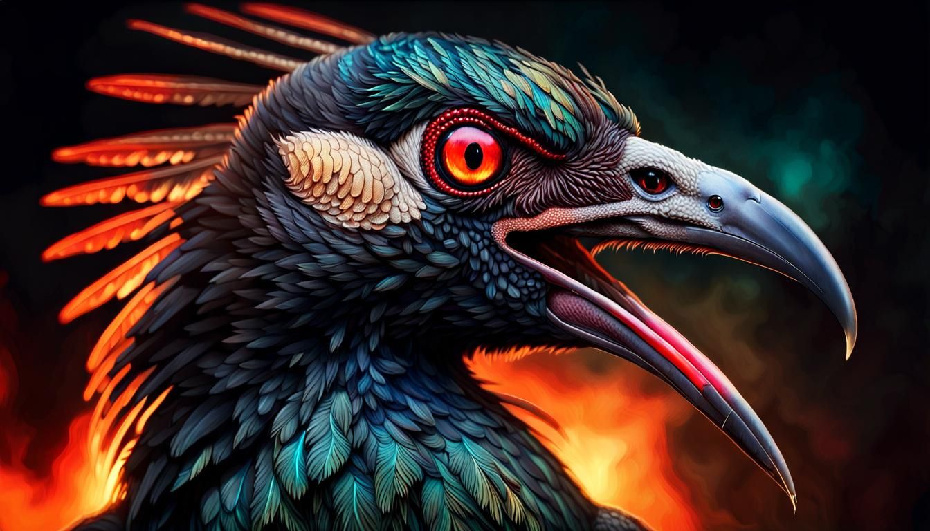 menacing evil snarling masquito, humingbird, condor, vulture, peacock, mix hybrid beast