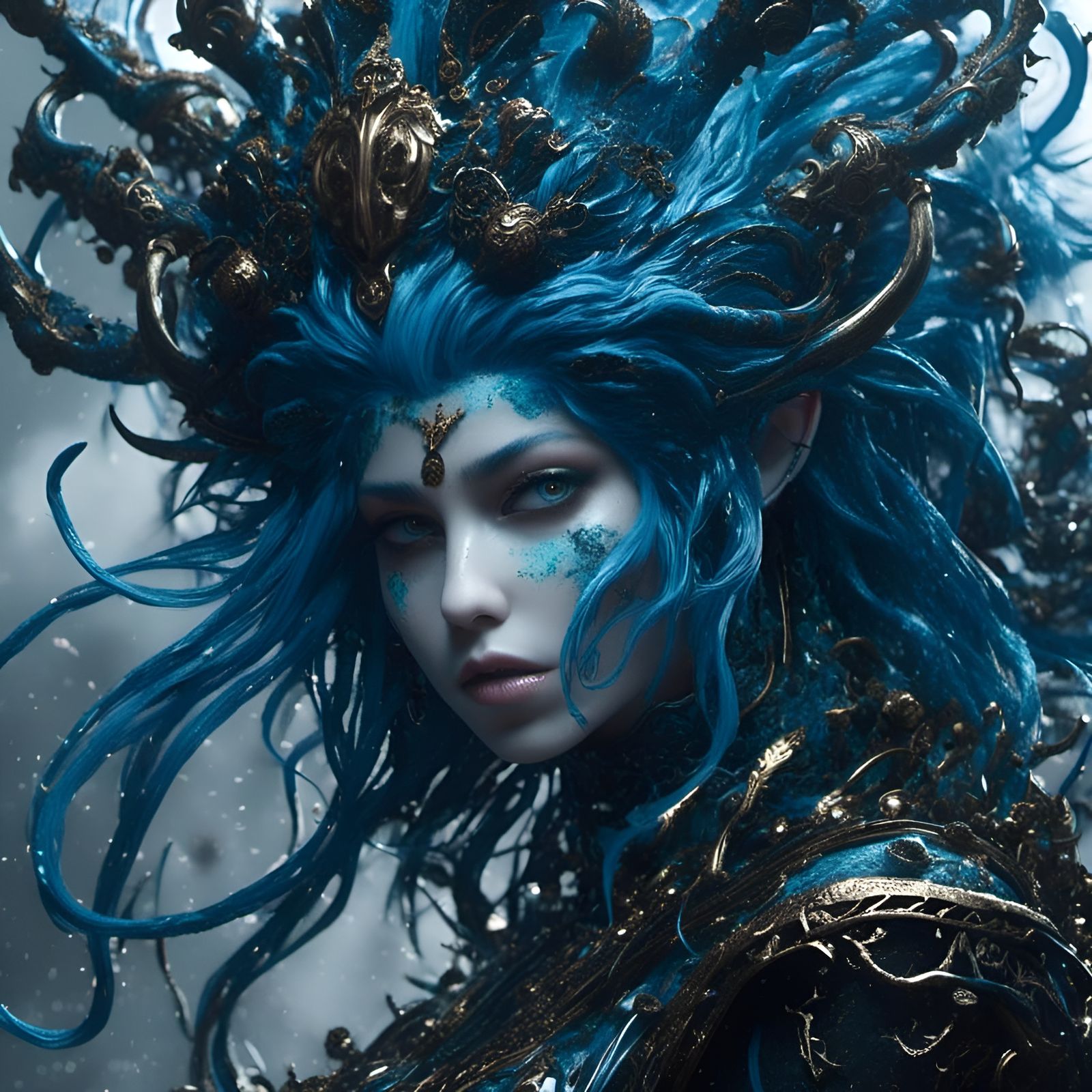 Blue Slime Monster Girl Portrait in Anime Style