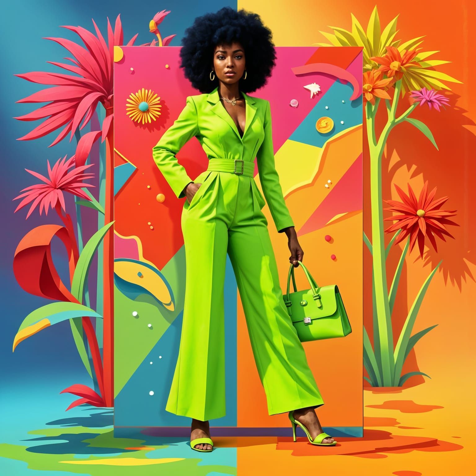 Vibrant Pop Art Portrait of a Slender Woman in Lime-Green At...