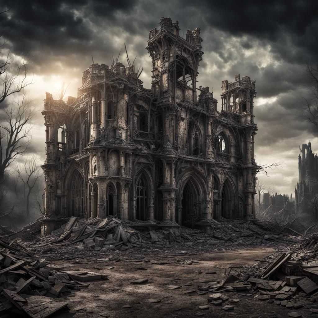 Post-Apocalyptic Castle Ruins in Hyperrealistic Style