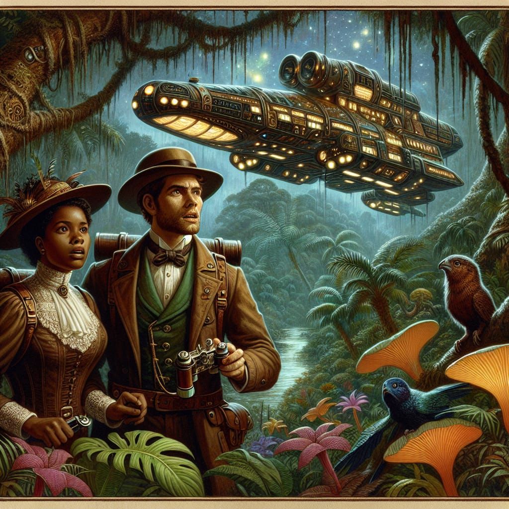 Victorian Explorers Discover Spaceship in Amazon, Vintage St...