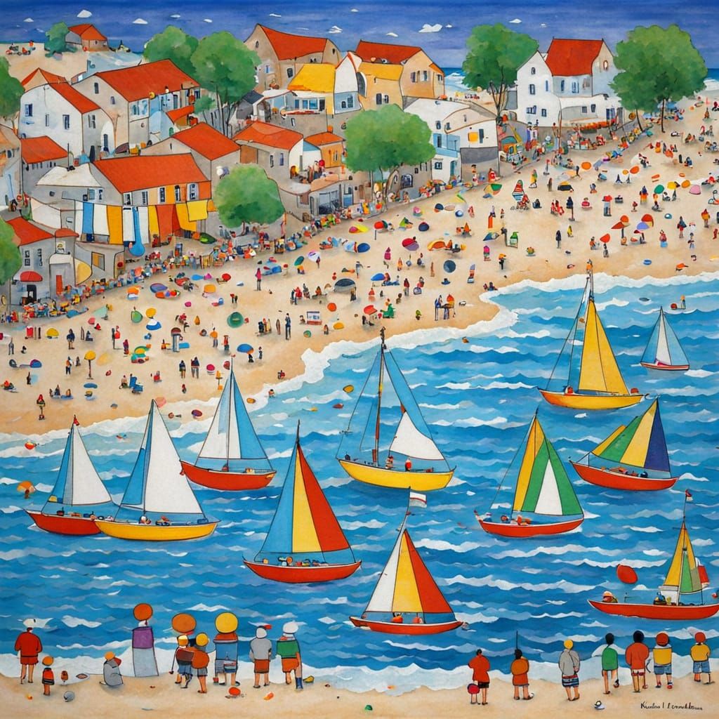 Sailing Regatta on Wavy Sea, Folk Art Style