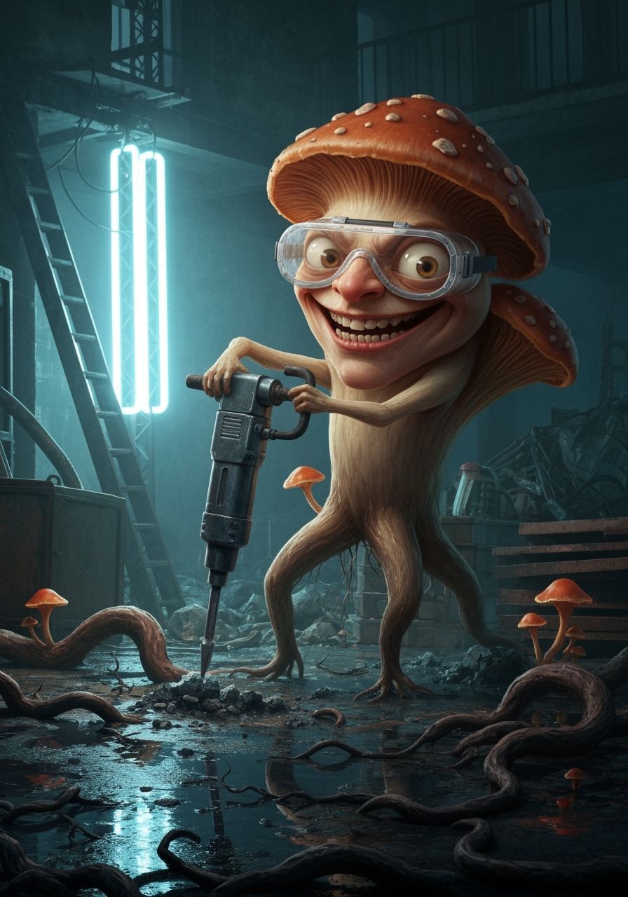 Mischievous Mushroom Jackhammering in Cyberpunk Style