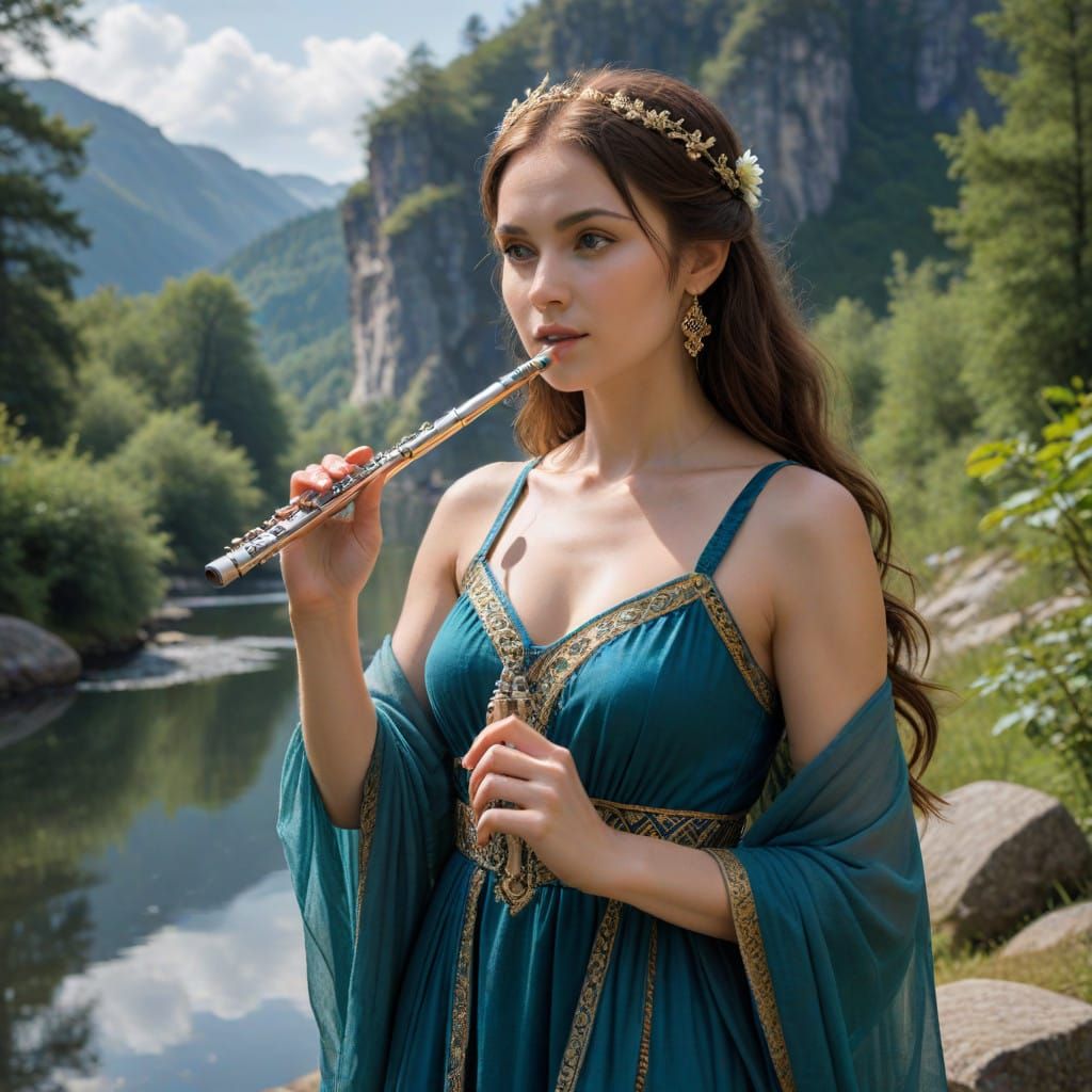 Enchanting Forest Spirit with Flute in Ethereal Landscape