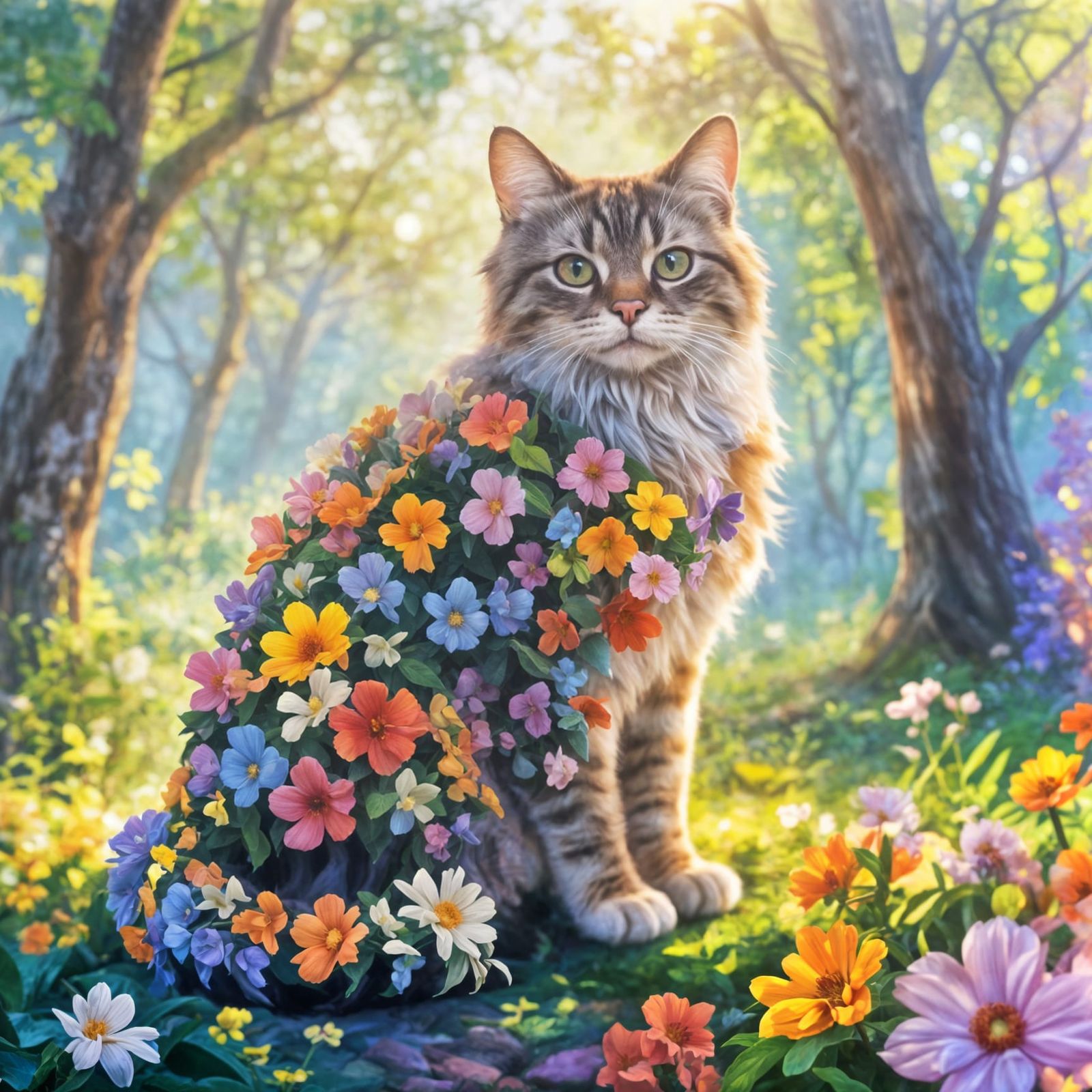 Majestic Flower Cat in Enchanted Forest Oil Painting