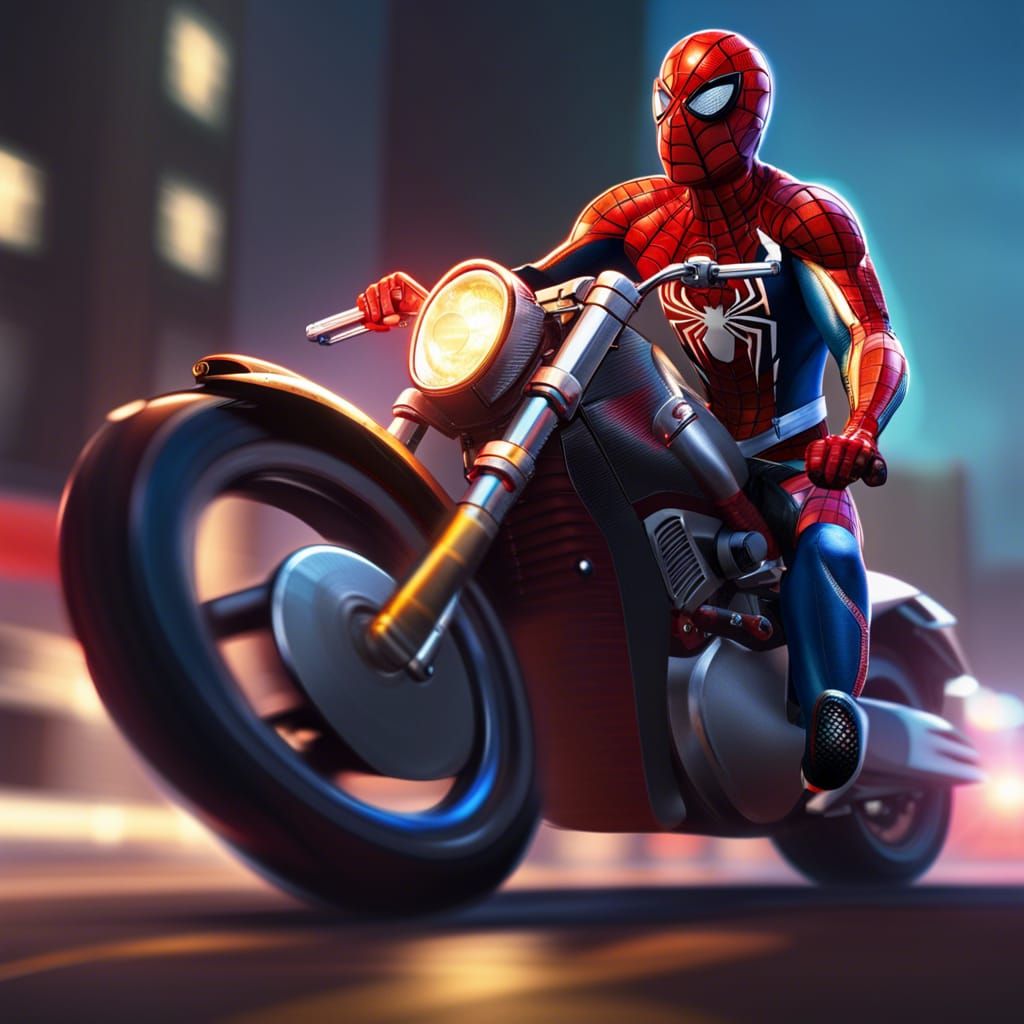 Hyperrealistic Spider-Man on Motorcycle in Splash Art Style