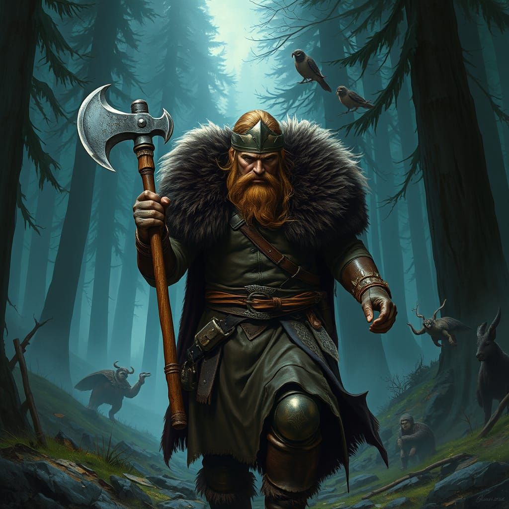 Viking Warrior in Mystical Norse Forest