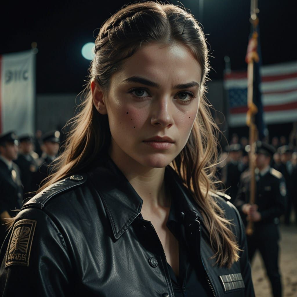 Proud Soldier Girl in Black Leather Uniform