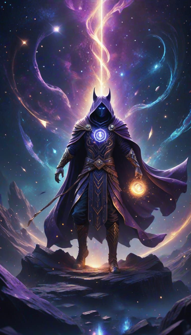 Hero in Cosmic Landscape with Arcane Symbols
