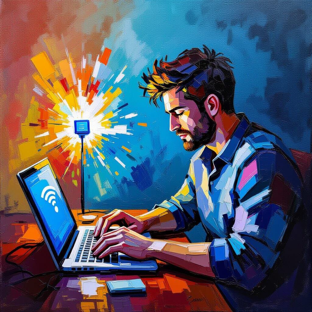 Impasto Oil Painting of Digital Anxiety: Man Typing as Route...