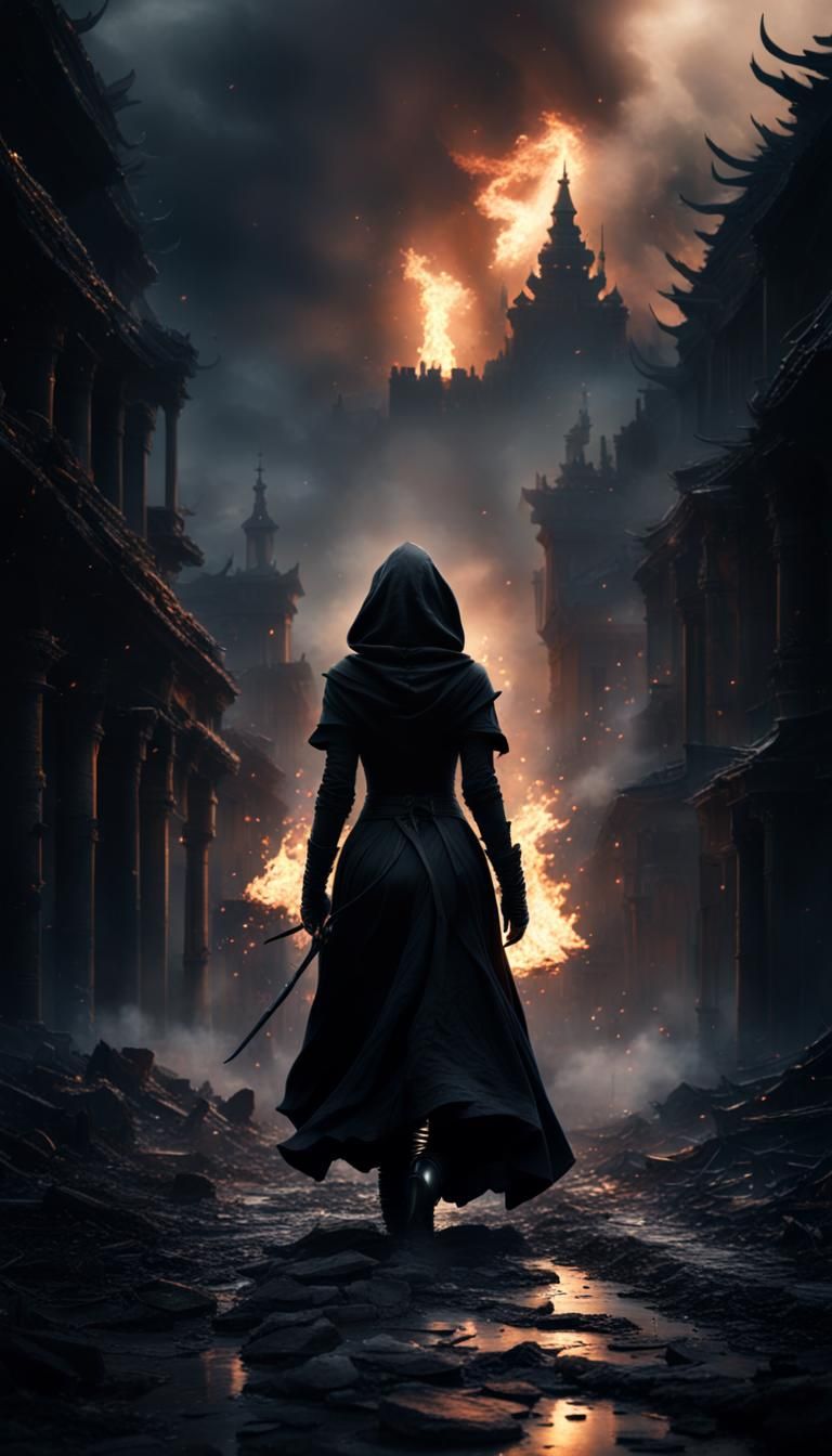 Silhouette of an Assassin Running at Midnight