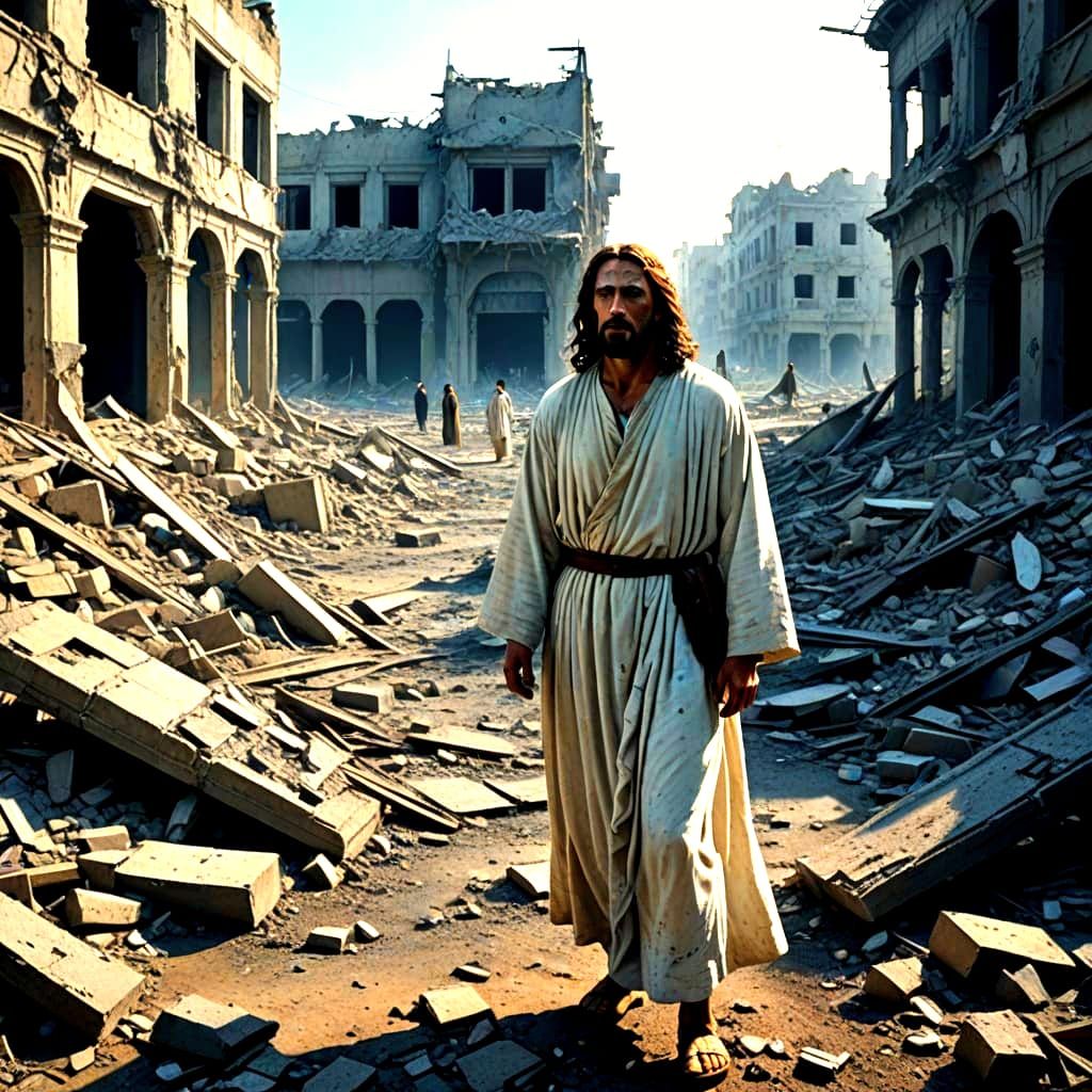 Jesus in Grief Over Devastated Gaza in Hyperrealistic Style