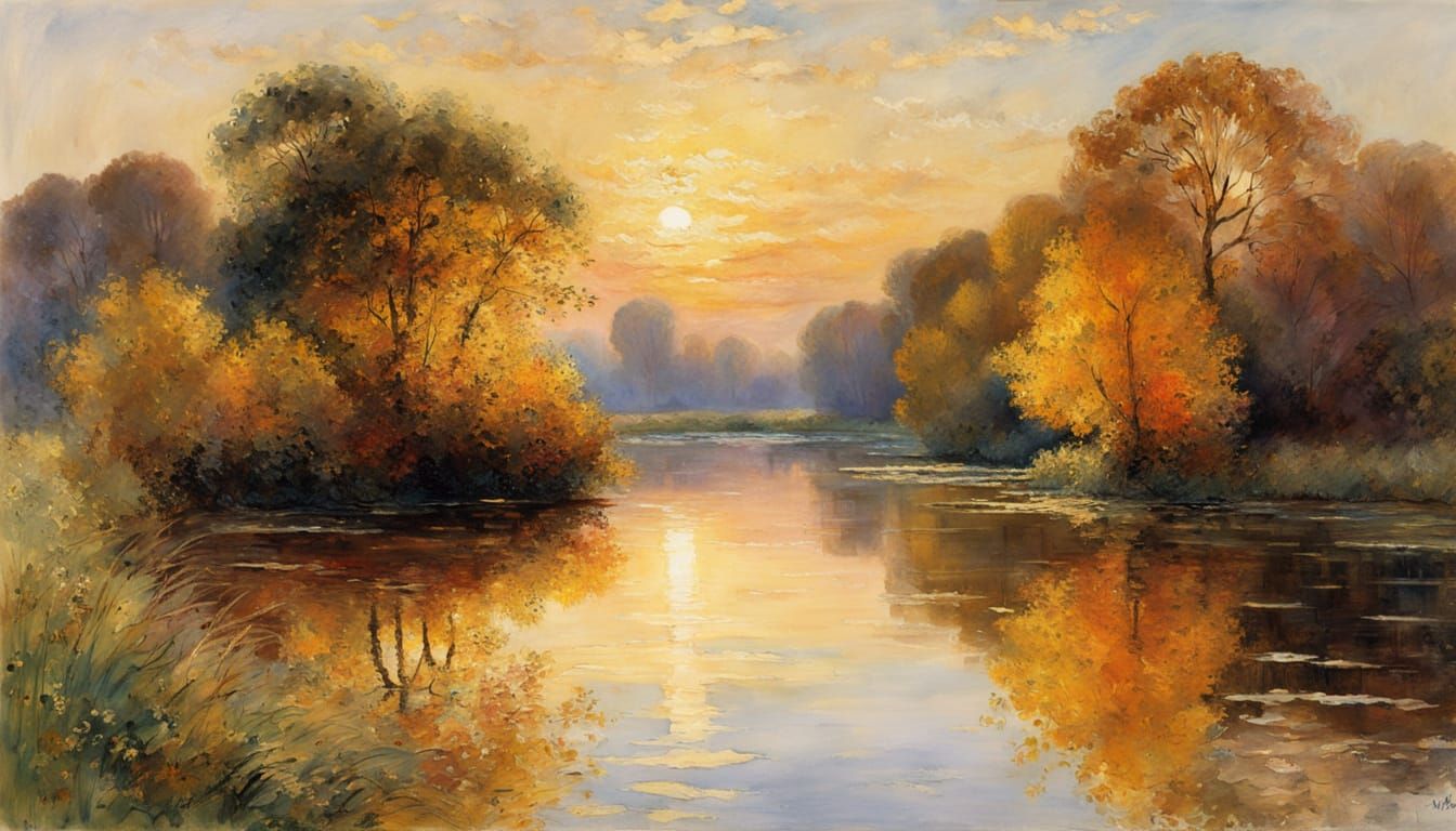 Autumn Sunset River in Watercolor and Pen