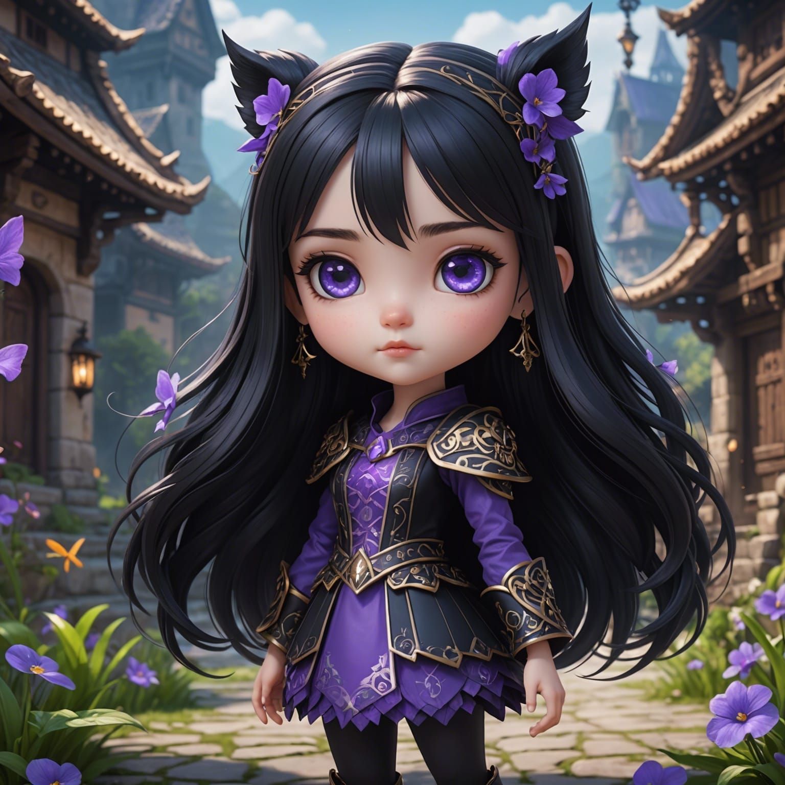 Cute Chibi Girl with Violet Eyes in Digital Art