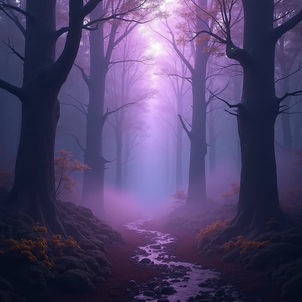 Ethereal Purple Mist in Dark Fantasy Forest Art
