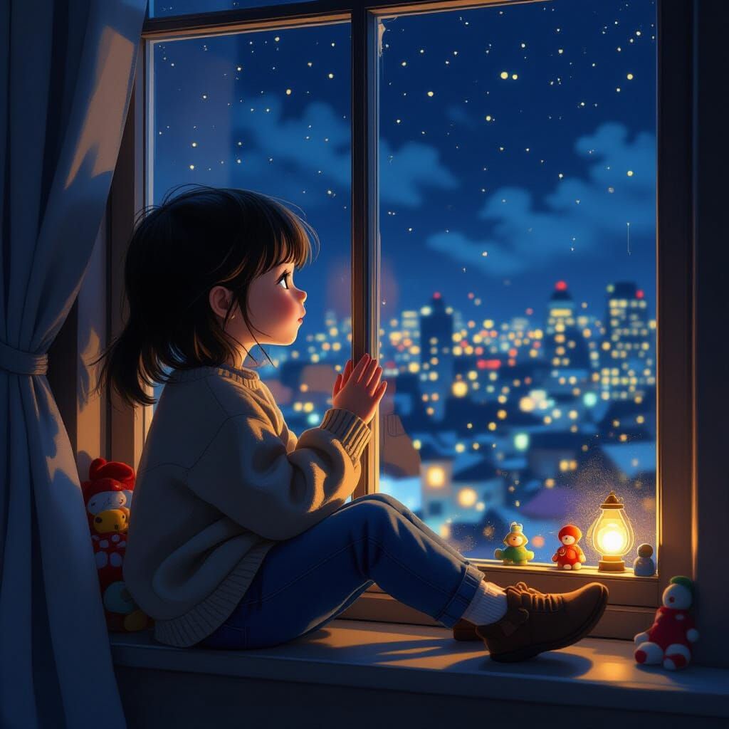 Girl Gazing at City Lights in Poetic Style