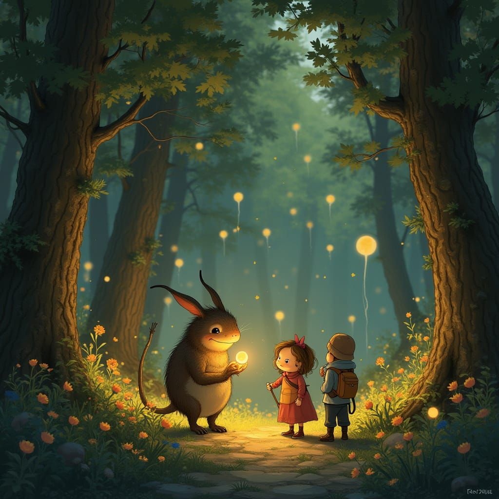 Ein Wald voller Pilze und eine Mausefamilie die darin Verstecken spielen.