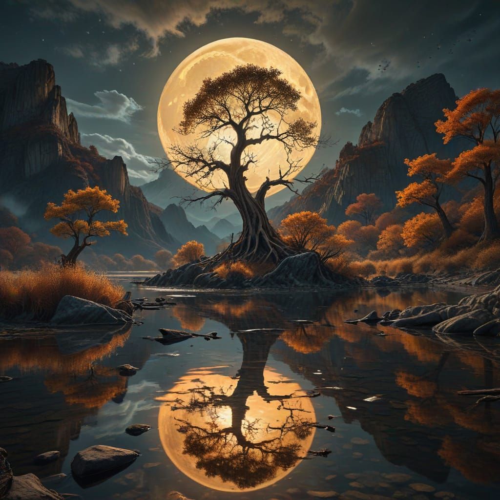 Majestic Tree Illuminated by Glowing Full Moon in a Dreamlik...