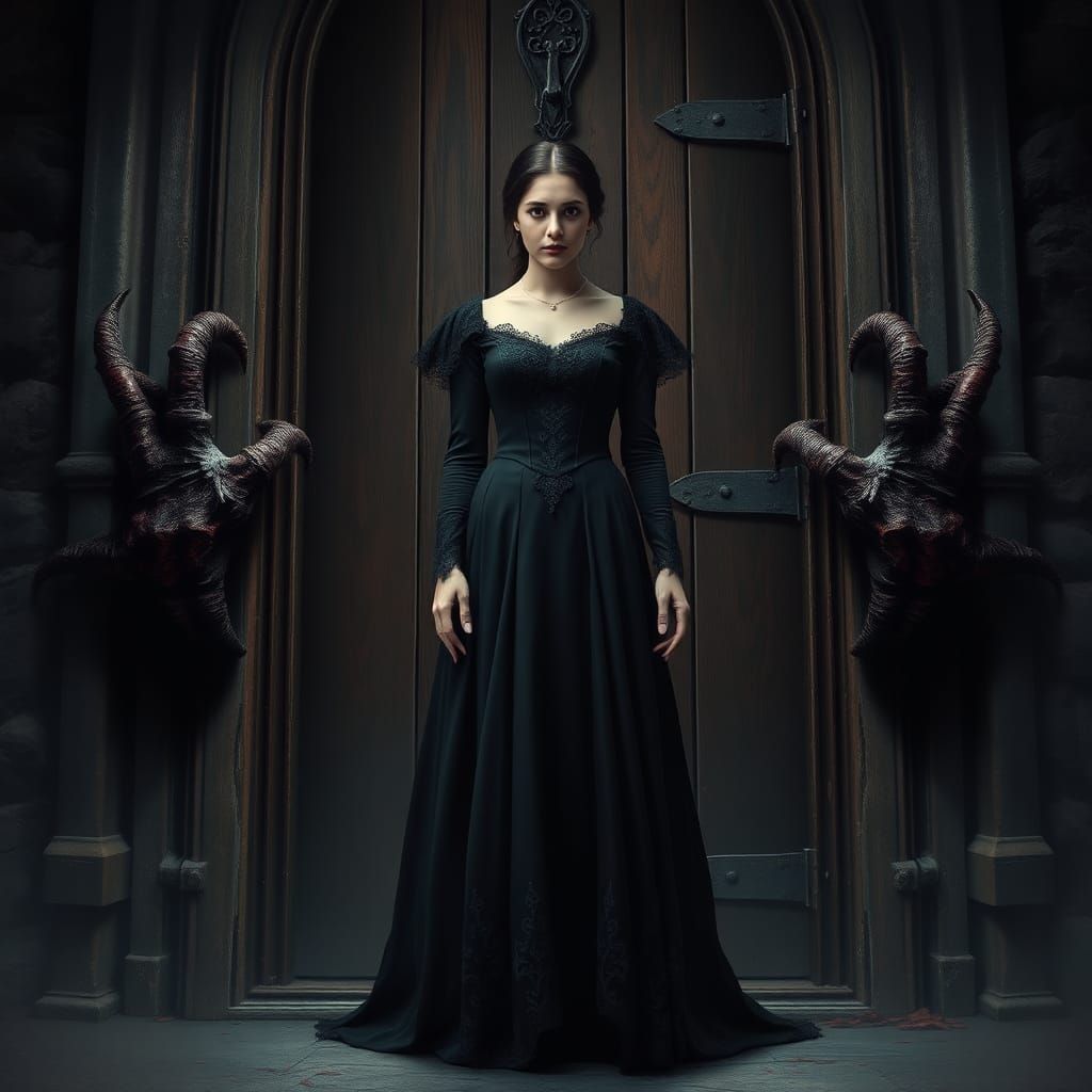 Gothic Woman and Demons at Mansion Door