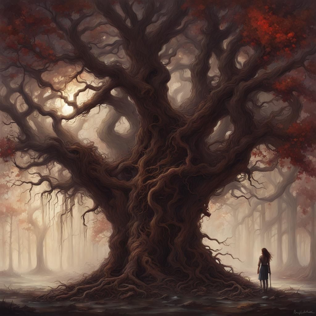 Sinister Tree With Carved Name, Fantasy Art