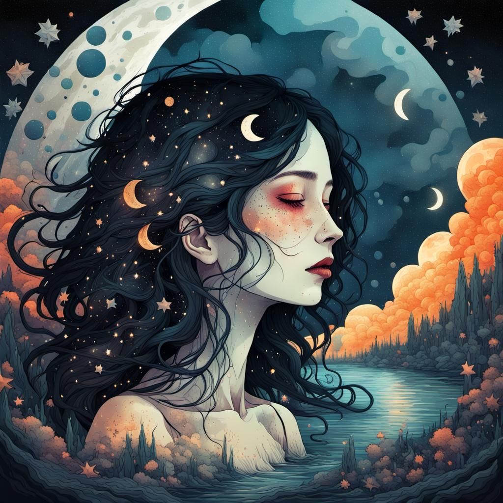 Cosmic Tears: A Macabre Moonlit Surrealist Collage