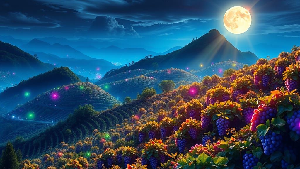 Surreal Futuristic Harvest Landscape with Radiant Moonlight